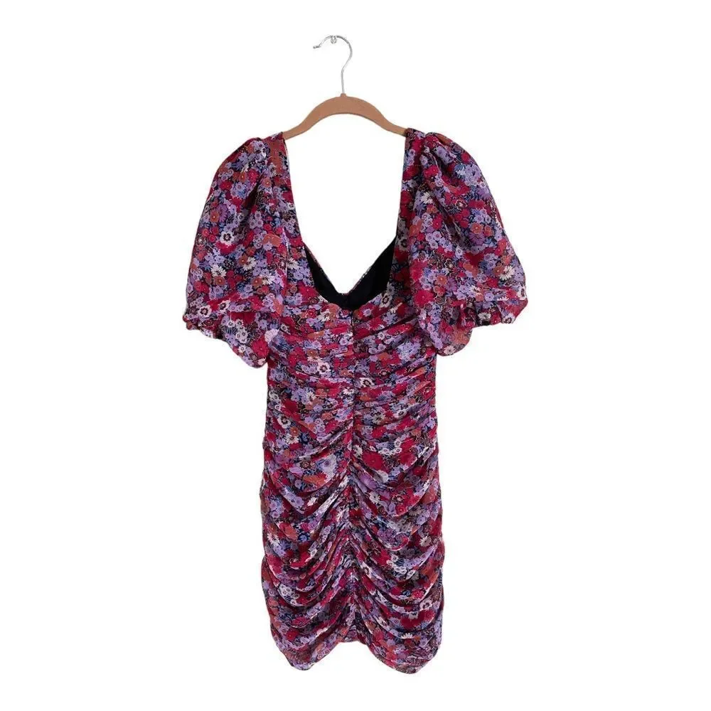 🆕 Zara Puff Sleeve Floral Ruched Mini Dress | XS - Picture 5 of 8